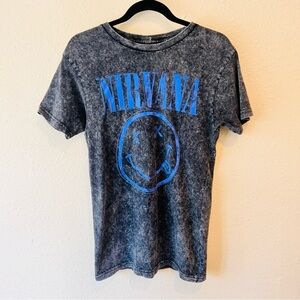 NIRVANA Acid Washed Black Purple Smiley Face Tee Small